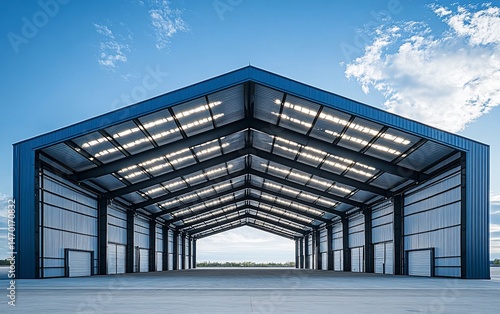 Modern, spacious, industrial metal hangar under a wide, blue roof, with concrete floor and a clear sky.