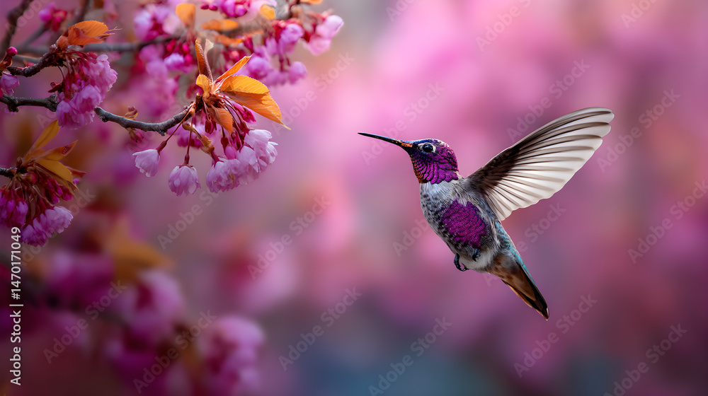 Fototapeta premium Pink and purple hummingbird mid-flight in dreamy blurred background
