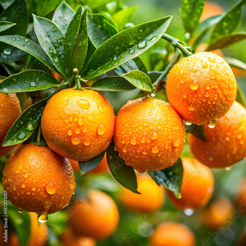 freshly picked oranges glistening with raindrops