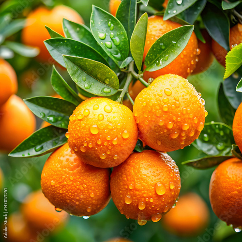 freshly picked oranges glistening with raindrops