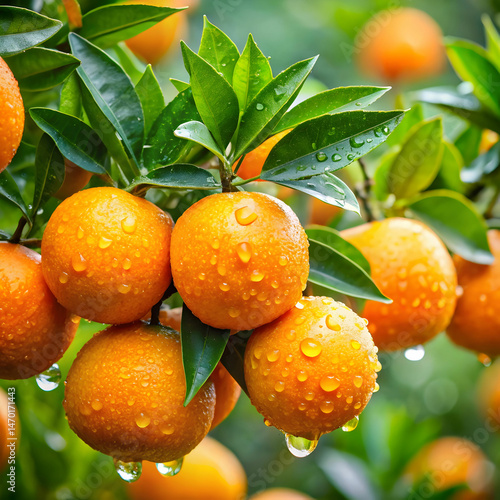 freshly picked oranges glistening with raindrops
