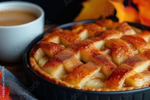 Obraz na płótnie Seasonal apple cinnamon tart baked with a golden crust and warm spices alongside a comforting cup of coffee w salonie