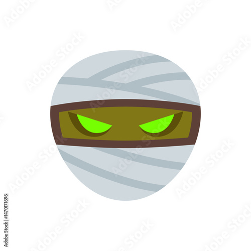 Illustration of a cartoon mummy head with glowing green eyes and white bandages wrapped around its head