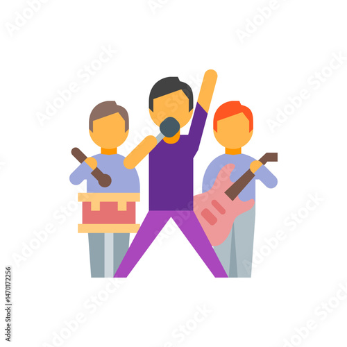Illustration of a band performing with a singer drummer and guitarist on a white background stage setting