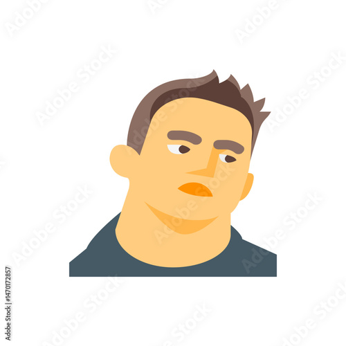 Illustration of a man with brown hair and a blue shirt looking to the side with a doubtful expression
