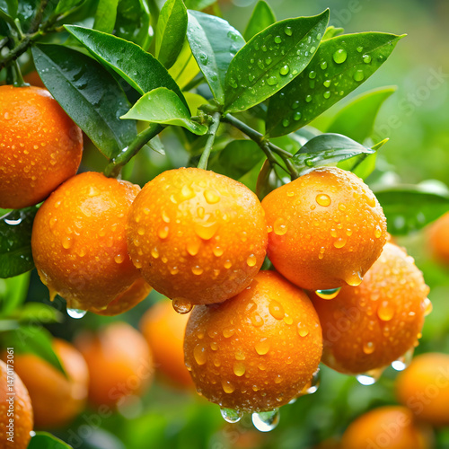 freshly picked oranges glistening with raindrops