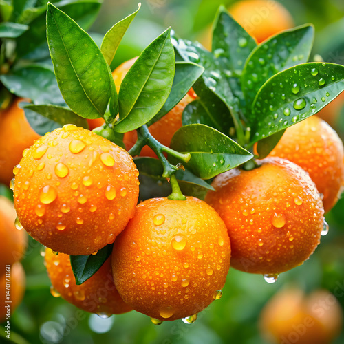 freshly picked oranges glistening with raindrops