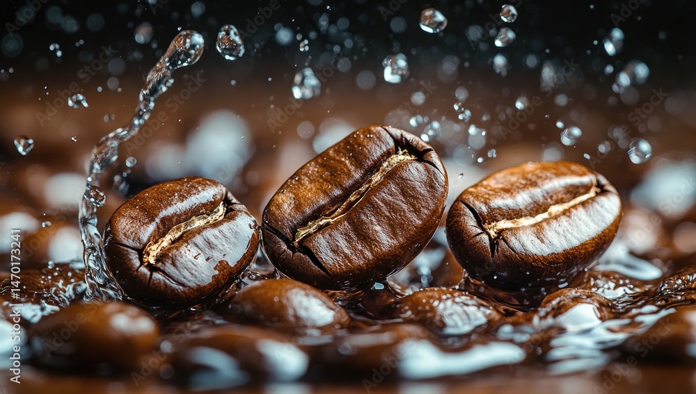 Coffee Beans and Water Splashes Coffee Beans and Water Splashes
