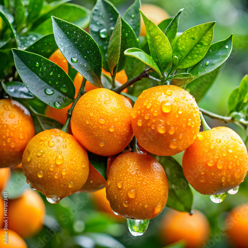 freshly picked oranges glistening with raindrops