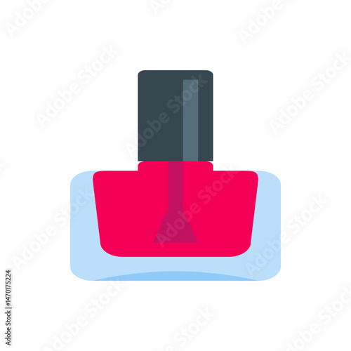 Illustration of a bottle of pink nail polish with a gray cap and a brush applicator inside the bottle