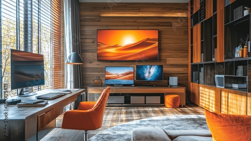 Wallpaper Mural Modern home office with warm wood tones and panoramic views Torontodigital.ca