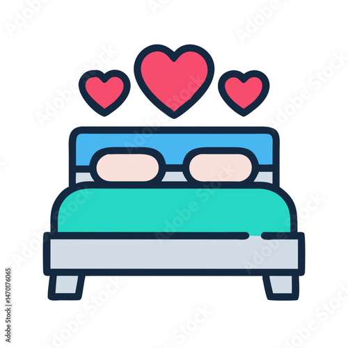 Heart Decorated Bed Icon Representing Honeymoon – Vector Romantic and Wedding Night Symbol
