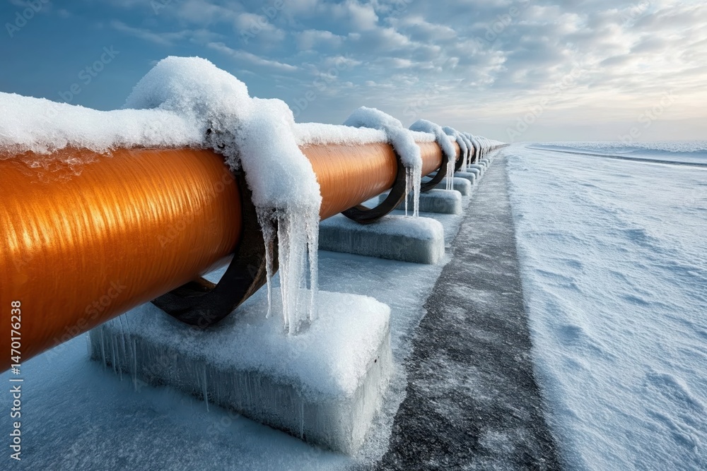 Gas transportation pipeline in winter landscape shows challenges of energy infrastructure in cold weather