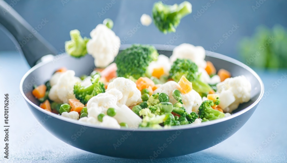 Fresh healthy vegetables falling in a pan Fresh healthy vegetables falling in a pan