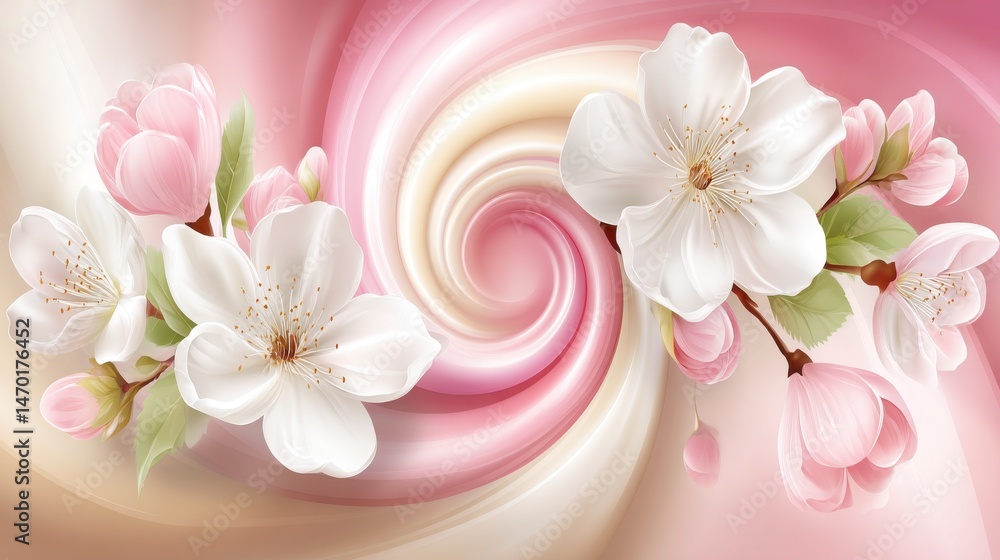 Delicate Floral Composition with White Cherry Blossoms and Pink Tulips on a Swirling Soft Background Delicate Floral Composition with White Cherry Blossoms and Pink Tulips on a Swirling Soft Background
