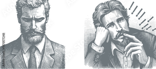 Engraving Design set Reflective Man Expressing Regret for His Words - Thoughtful Woodcut Art  ink, vintage, black-and-white tattoo