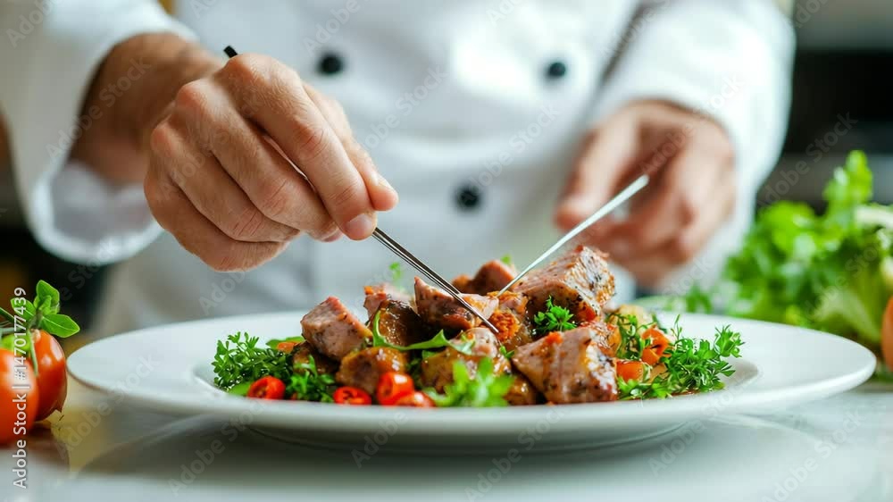Chef Preparing Gourmet Dish with Fresh Vegetables and Meat Chef Preparing Gourmet Dish with Fresh Vegetables and Meat