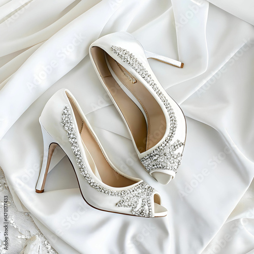 an overhead view of wedding white high heels
