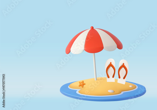 3d Beach red Umbrella and Flip Flops on Sand