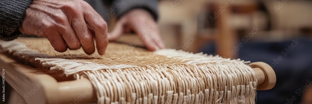 Obraz premium A close-up of a sewing machine eedle stitching through fabric, hands working with precision, soft lighting casting gentle shadows,