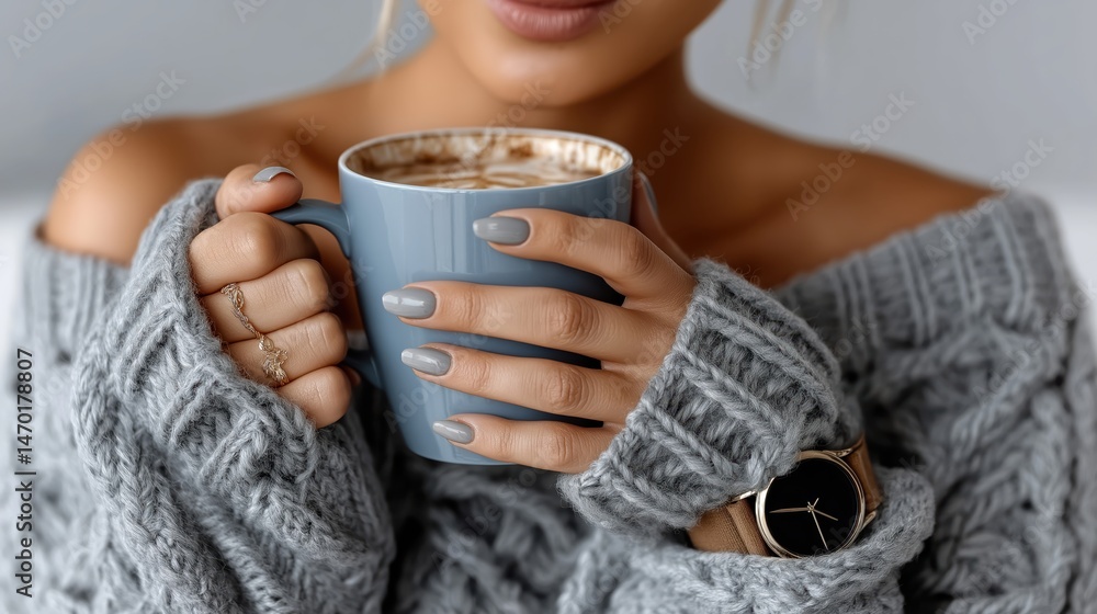 Cozy woman enjoying a hot drink while wearing a knitted sweater in a warm and inviting indoor setting