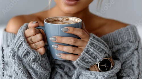 Obraz na płótnie Cozy woman enjoying a hot drink while wearing a knitted sweater in a warm and inviting indoor setting w salonie