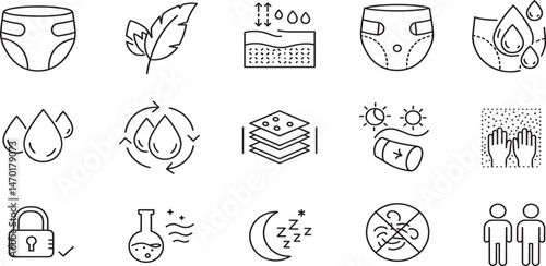 Diaper features editable stroke outline icons set isolated on white background flat vector illustration. 