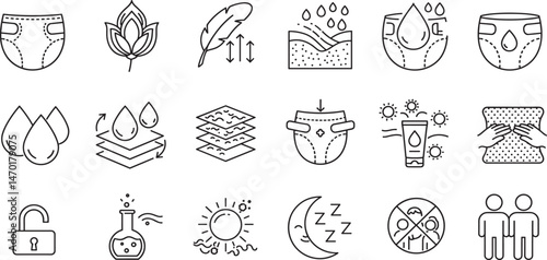 Diaper features editable stroke outline icons set isolated on white background flat vector illustration. 