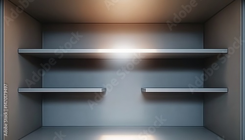 Wallpaper Mural An empty white metal shelf with two horizontal levels in an enclosed space, soft light casting shadows from above. Torontodigital.ca