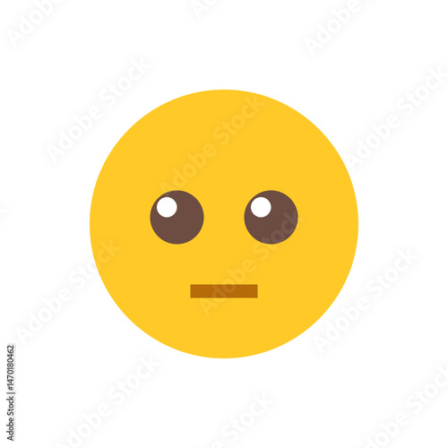 A yellow circular emoji with two brown eyes with white highlights and a brown straight line for a mouth