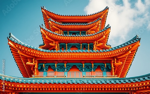 Asian pagoda roof architecture against blue sky