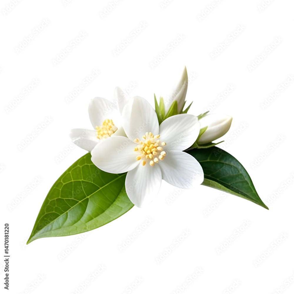 Fototapeta premium Jasmine Flower Arrangement With Green Leaves On A White Background