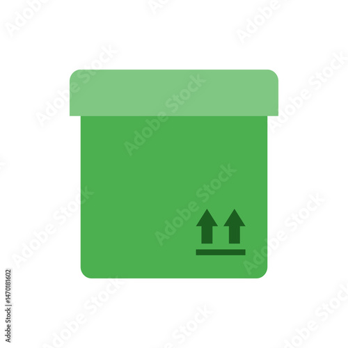 Illustration of a green square box with a lid and two upward arrows indicating package orientation clearly