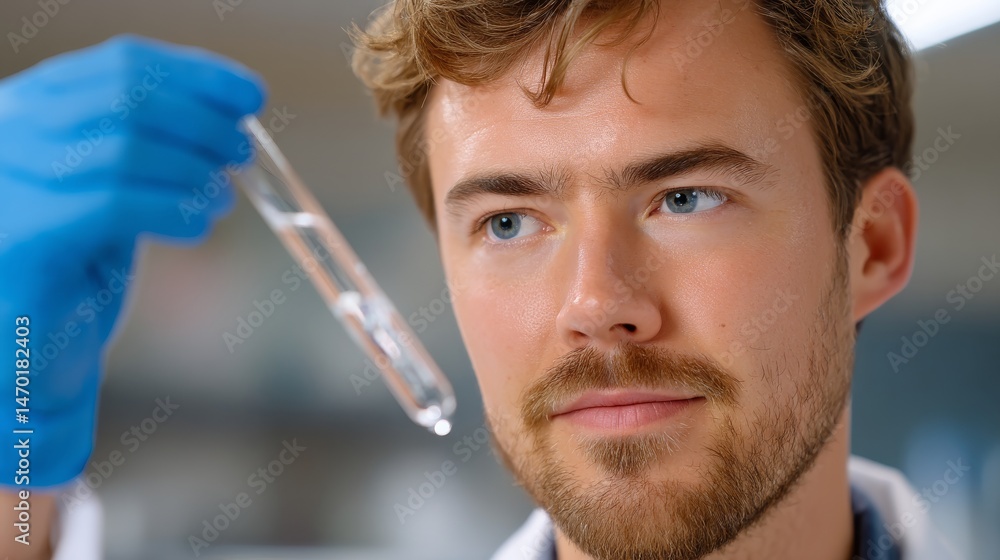 Naklejka premium Focused Young Scientist Examining Test Tube in Laboratory with Blue Gloves and White Lab Coat