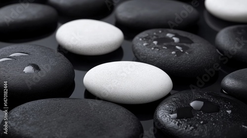 Black and white smooth stones with water droplets