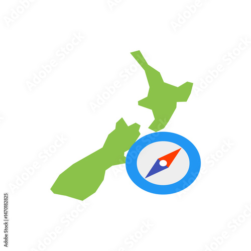 Illustration of new zealand map in green with a compass overlay showing direction and travel concept