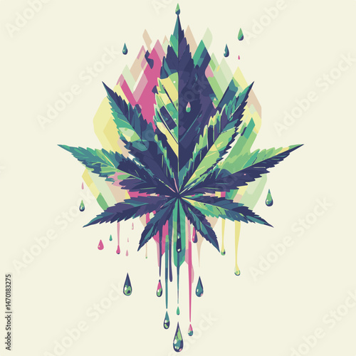 Abstract Cannabis Leaf Illustration With Colorful Geometric Background And Dripping Effect