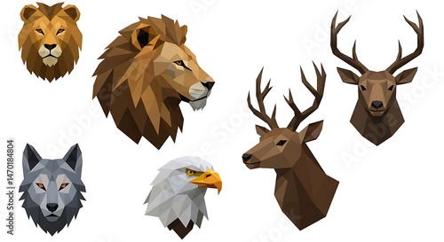 Wallpaper Mural Polygonal Wildlife Heads: Lion, Wolf, Eagle & Deer in Geometric Shapes on White Background Torontodigital.ca
