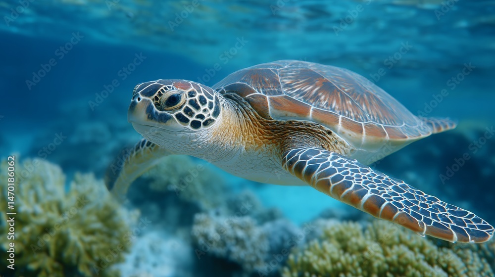 Fototapeta premium Underwater Shot of a Sea Turtle Gliding Through Vibrant Coral Reef in Clear Blue Waters