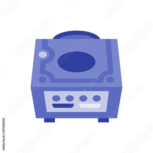 Illustration of a blue gamecube style console with a round top and a square body design element icon