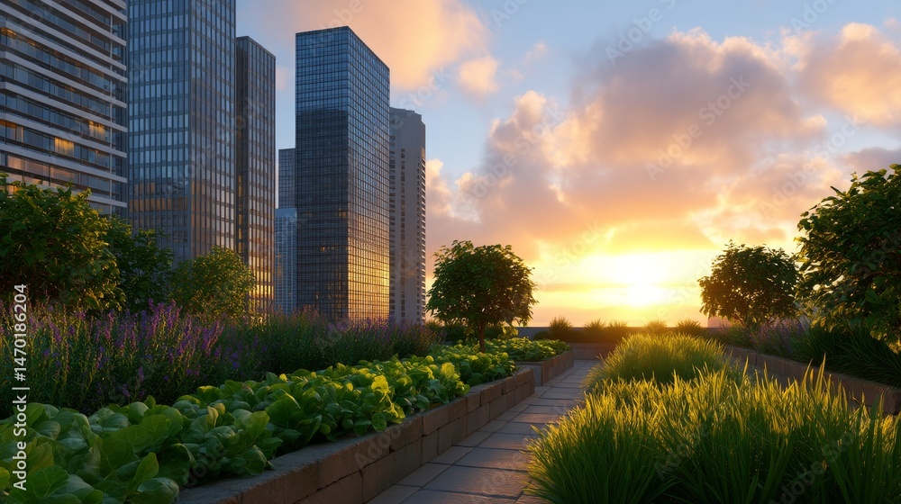 Fototapeta premium Urban Rooftop Garden with Lush Greenery and Colorful Flowers at Sunset with Skyscrapers in Background