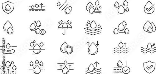 Waterproof and repellent surface editable stroke outline icons set isolated on white background flat vector illustration