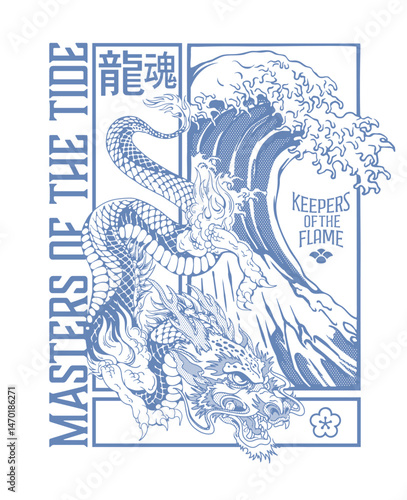 An illustration of a mythical Eastern dragon rising with a massive wave, symbolizing elemental mastery, spiritual power, and ancient guardianship japanese wording translation is Dragon Soul