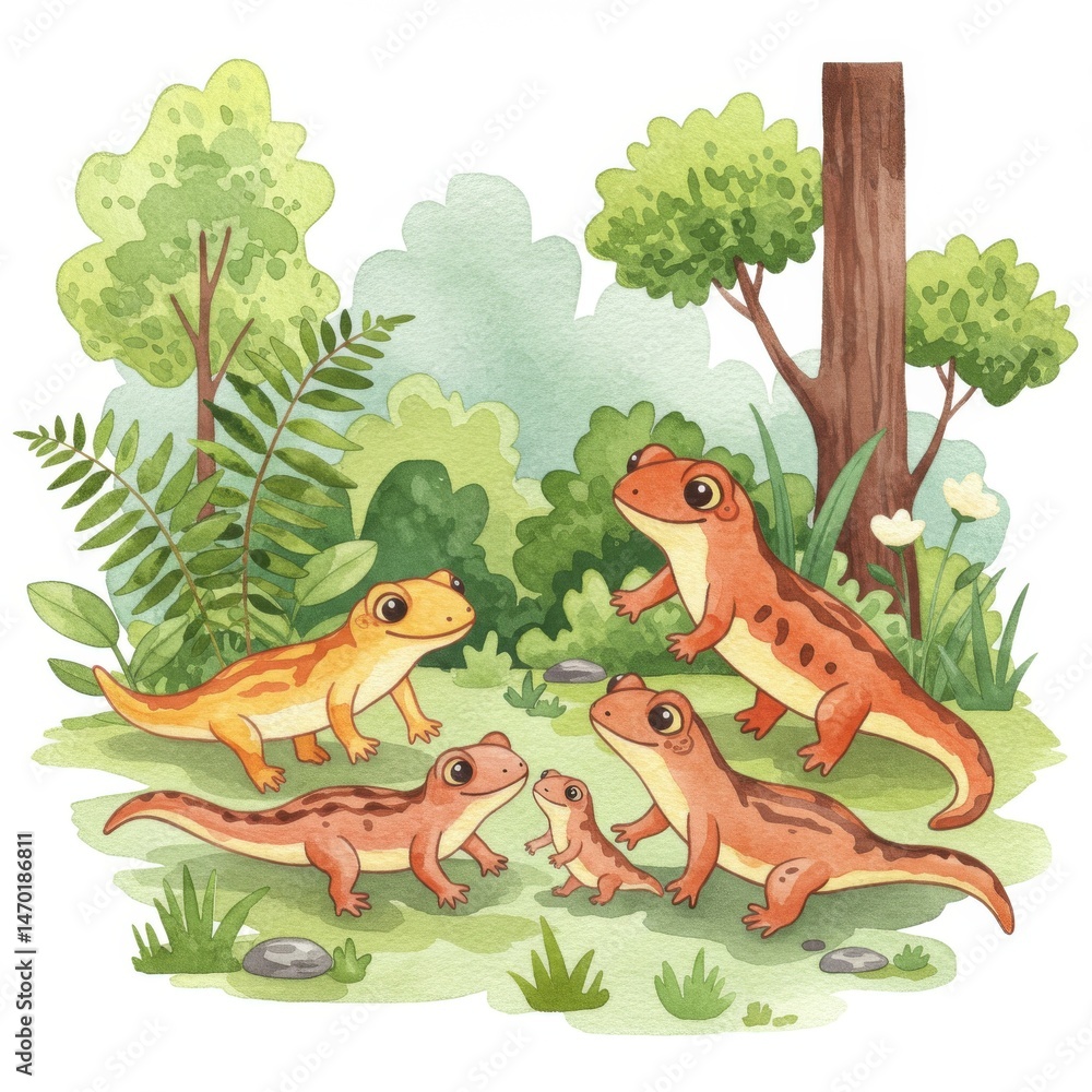 Naklejka premium Watercolor Illustration of Salamander Family in Forest