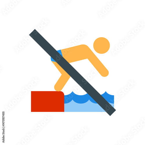 Illustration of a person diving into water from a platform with a prohibition sign over the scene