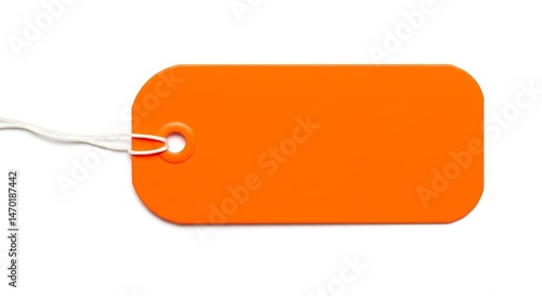 A neon orange rounded rectangular tag with hole and plastic string, isolated on a white background
