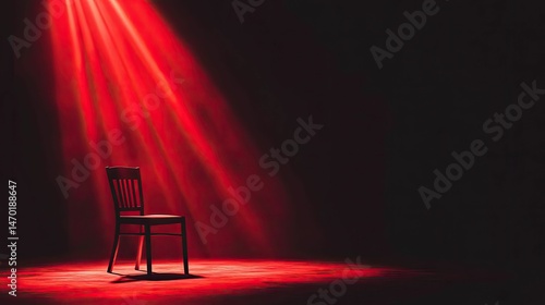 Red light illuminates single chair, dark room.