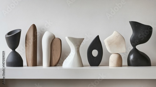 Abstract sculpted decorative pieces in various materials.  Display of modern, minimalist sculptures.  Different shapes and colors create visual interest
