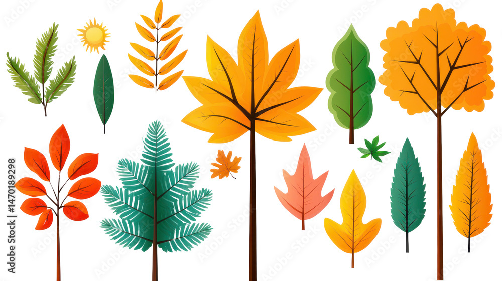 Obraz premium Colorful Autumn Leaves and Trees in Various Shapes and Sizes for Creative Projects and Backgrounds