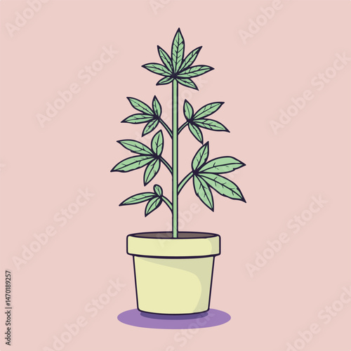 Potted Cannabis Plant Illustration On A Soft Pink Background Simple Cartoon Style